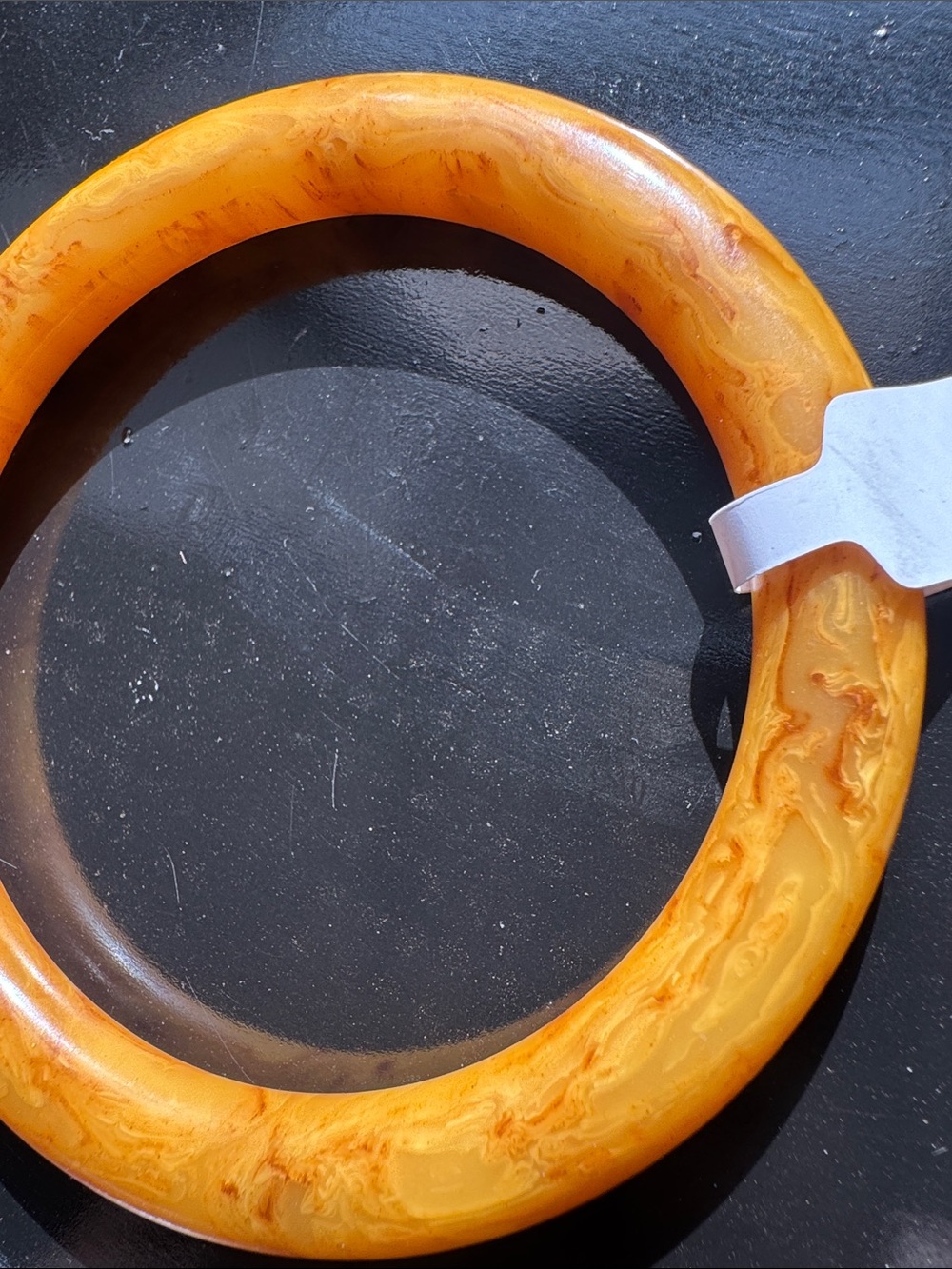 Yellow Marbled Egg Yolk Bakelite Bangle - Picture 4 of 13